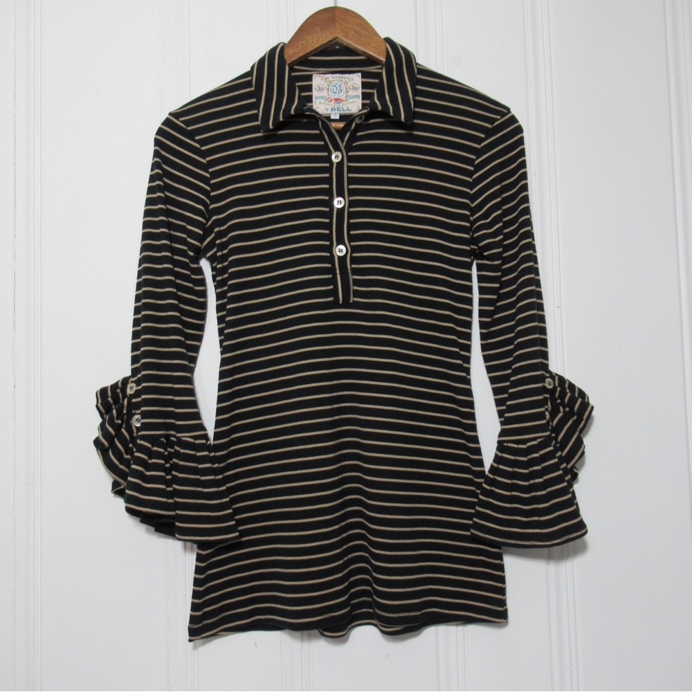 Alicia Bell Striped Black and Tan Ruffle Sleeve Top Size Small